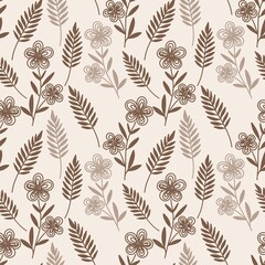 Seamless floral pattern with brown flowers and leaves on beige background