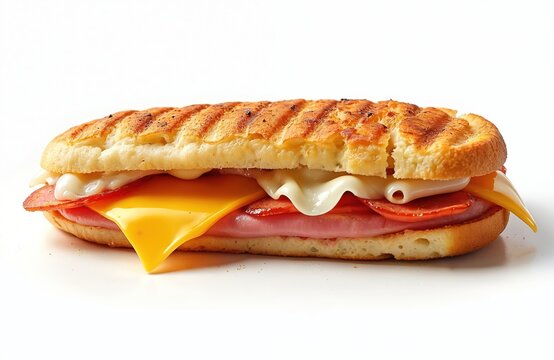 Grilled ham and cheese panini sandwich with melted cheddar cheese, on white background. Close-up of toasted bread with grill marks and fresh ingredients inside.