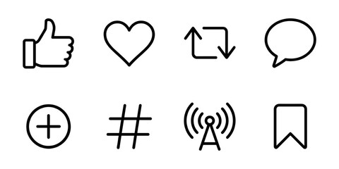 Social media line icon set, interface actions and reactions