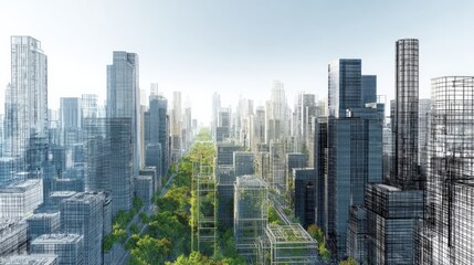 Cityscape Visualization Blending Modern Architecture and Green Urban Planning, Showcasing Sustainable Development and Future Design