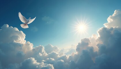 White dove flies in bright sunlit sky above clouds. Bird represents peace hope spirituality and new beginnings. Background for memorial events or religious themes.