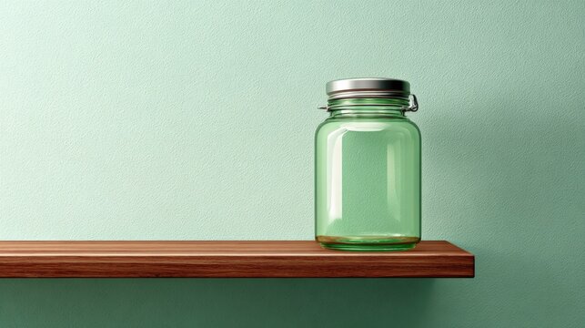 Empty Glass Jar with Silver Lid on Wooden Shelf Against Light Green Wall Background