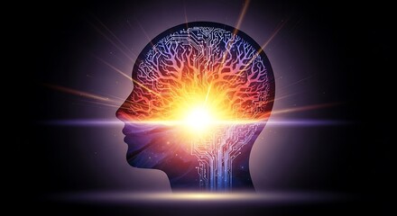 Abstract depiction of a human head profile with vibrant light emanating from within, symbolizing thought, knowledge, and innovation