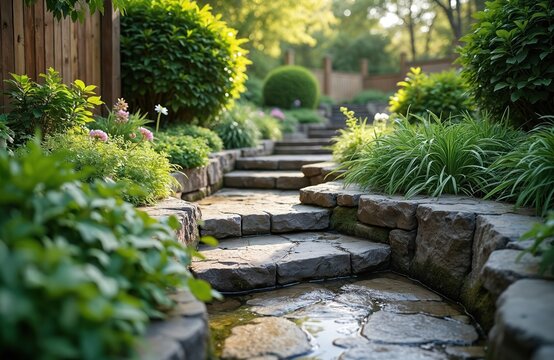 Stone steps ascend a rich green garden. Natural rocks form retaining walls beside a small water feature. Manicured plants and trees create a peaceful pathway.