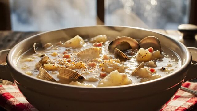 Steaming bowl of creamy clam chowder with clams, potatoes, and bacon bits on a rustic wooden table, perfect comfort food.