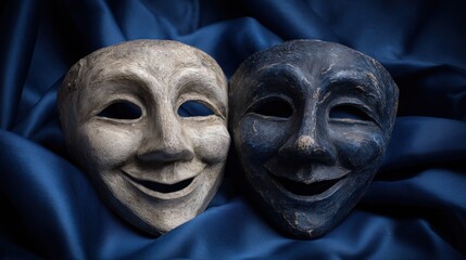 Two theatrical comedy masks in white and dark blue on draped fabric, concept for performance and drama
