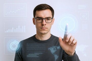 Man Interacting with Futuristic Holographic Interface Displaying Data Visualizations and Global Networks in a Digital Environment