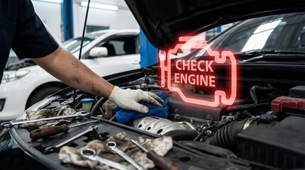 Urgent car engine warning concept. Mechanic hand in white glove wiping component under large glowing red holographic 'CHECK ENGINE' icon with wrench symbol. Garage repair and diagnostics scenario.