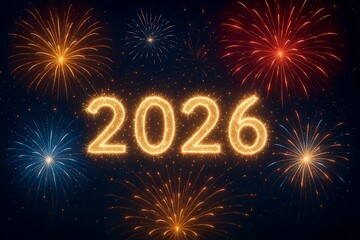 A dazzling display of colorful fireworks lights up the night sky, framing the glowing year 2026, symbolizing exciting new beginnings and festive celebrations for the upcoming period