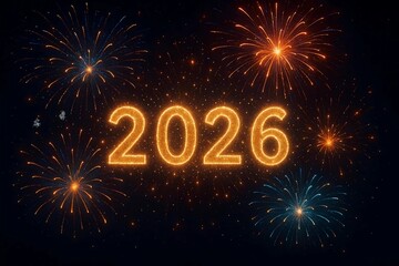 Bright fireworks illuminate the year 2026 with a festive glow, marking the start of a new year celebration
