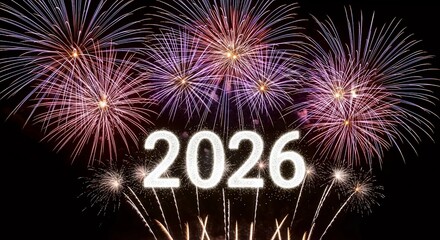Spectacular pyrotechnic display illuminating the night sky, symbolizing the joyful arrival of the year 2026 and marking a vibrant new beginning filled with anticipation and celebratory energy