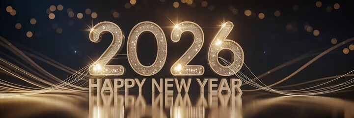 Sparkling 2026 Happy New Year Celebration Banner with Golden Glittering Numbers and Elegant Light Streaks on a Dark Reflective Background, perfect for festive greetings and holiday events