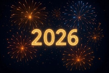Spectacular 2026 New Year celebration with dazzling fireworks exploding in a dark sky, heralding future success and festivities, perfect for greetings and vibrant backgrounds