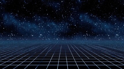 Futuristic Grid Landscape with Starry Sky: A Digital Horizon for Virtual Reality and Technology