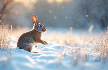 Naklejka premium Small rabbit hops in snowy field during winter sunset. Furry mammal in cold weather explores white landscape. Cute animal sits on snow looking at sun.