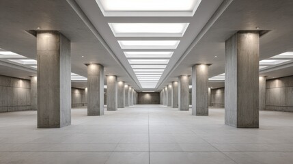 Fototapeta premium Abstract Interior Space with Concrete Columns and Overhead Lighting, Ideal for Architectural Visualization and Design
