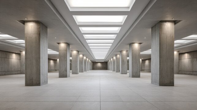 Abstract Interior Space with Concrete Columns and Overhead Lighting, Ideal for Architectural Visualization and Design