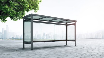 Fototapeta premium Urban Bus Stop Shelter with Glass Panels and City Skyline Background on a Sunny Day