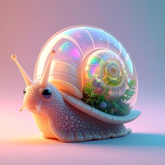 Cute Transparent Shell Snail 3D Render with Iridescent Glass Panels and Miniature Terrarium