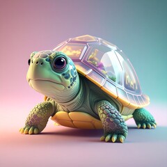 Cute Baby Turtle with Transparent Shell Panels, High Detail 3D Render
