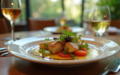 Fine dining plate with fish, cherry tomatoes and sauce. Elegant restaurant setting with white wine glasses. Gourmet meal presentation for special occasion lunch or dinner.