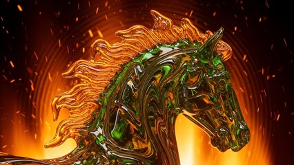 A metallic horse head with flowing mane stands against a fiery orange background with sparks and flames.