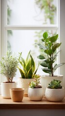Fototapeta premium Indoor plants on windowsill, bringing nature inside, providing fresh air and beautiful green decor