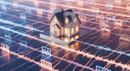 Smart Home Technology: Digital Network Surrounding Model House Representing Modern Automation and Connectivity