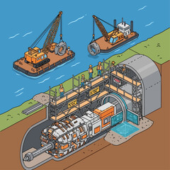 Underwater Tunnel Construction Site with Cranes and Machinery.