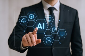 Businessman Interacting with Artificial Intelligence Interface, Representing Modern Technology and Business Solutions for Innovation