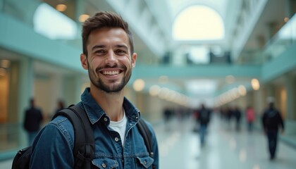 Fototapeta premium Smiling man with backpack stands in a modern bright atrium, exuding confidence. Spacious interior has glass walls, blurred people in background. He appears happy and friendly.