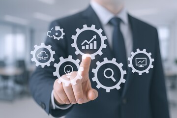 Business process automation depicted through gears and a man in a suit using touchscreen technology