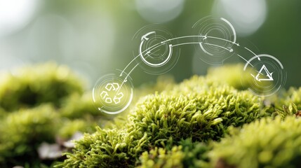 Sustainable Ecosystem: Illustrative Recycling Arrows on Green Moss Promoting Ecological Balance and Environmental Responsibility