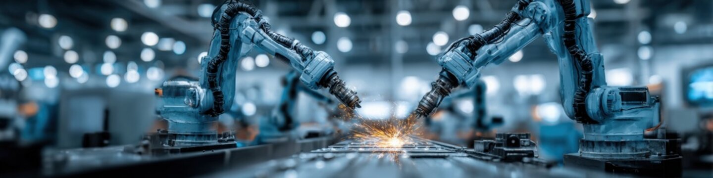 Automated robotic arms working on an assembly line in a modern factory with sparks flying