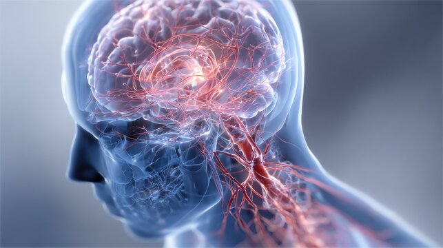 Human Brain Anatomy Visualization: Detailed 3D Render Depicting Cerebral Structure and Neural Network for Medical Illustration