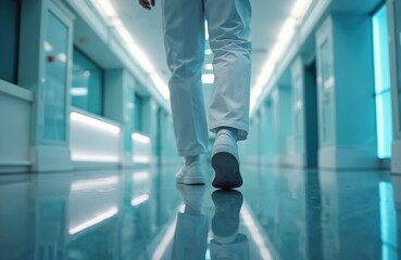 Obraz premium Doctor walks down sterile hospital corridor. Closeup on white shoes moving on shiny floor. Medical staff movement inside clinic ward. Healthcare professional on duty.
