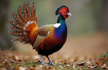 Fototapeta premium Male Lady Amherst pheasant bird with vibrant plumage stands on forest floor. Features long striped tail feathers, red crest, blue neck. Wild fauna, natural habitat, ornithology.