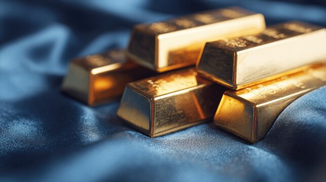 Stacked gold bullion bars shine on elegant blue silk fabric showcasing wealth and investment concept