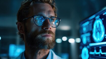 Medical Professional Analyzing Brain Scan on Monitor Display for Diagnosis and Treatment Planning in Modern Clinic