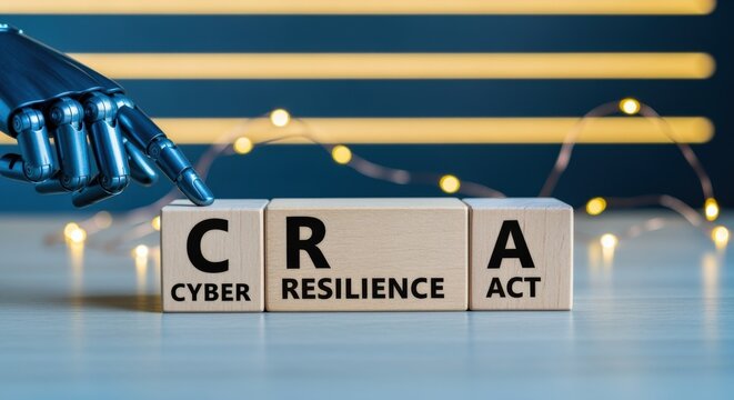 Cyber Resilience Act Concept: Futuristic Robot Hand Points to Wooden Blocks Spelling CRA Initiative