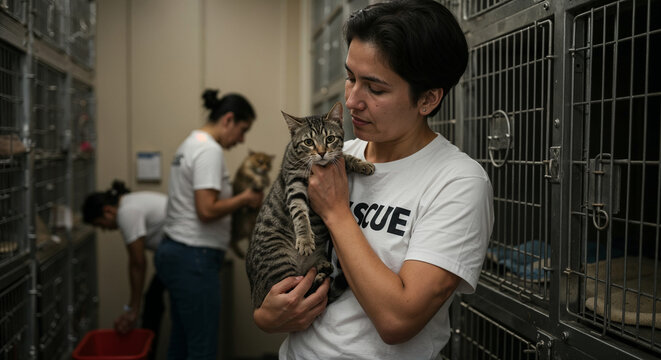 A compassionate animal rights activist gently holding a rescued cat at an animal shelter
