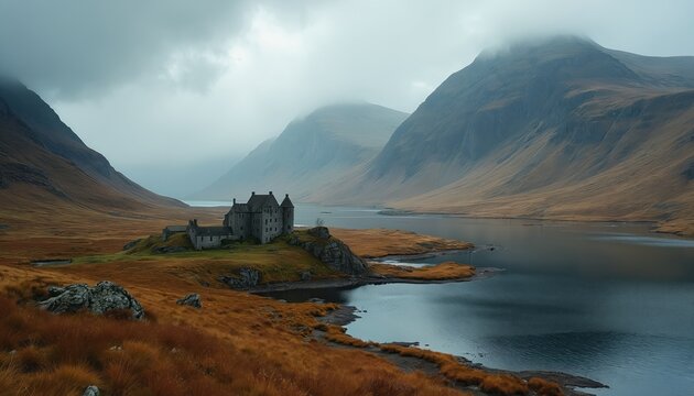 Stone castle on rocky outcrop by tranquil loch in Scottish Highlands. Vast barren mountains under misty sky create a moody, epic landscape backdrop for historic ruin.