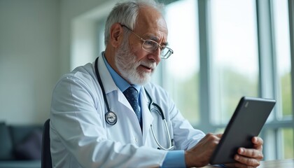 Elderly doctor with stethoscope consults medical info on tablet. He searches online database for patient health records, browsing digital chart.