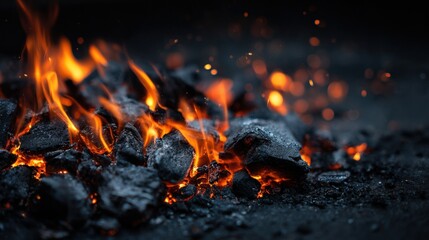 Burning Coal Embers with Flames and Glowing Sparks, Creating Intense Heat and Warmth for Energy