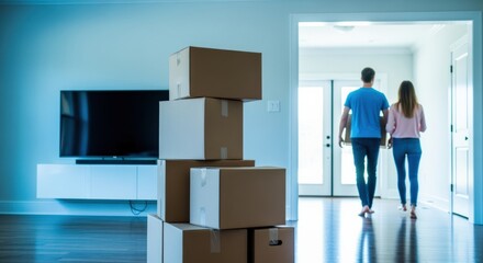Moving Day: Couple Enters New Home with Cardboard Boxes, Celebrating a Fresh Start and Exciting Beginnings