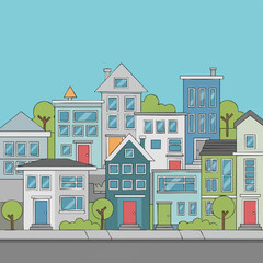 Colorful cityscape with houses and trees.