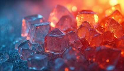 Abstract digital art depicts translucent geometric shapes resembling ice cubes. Vibrant red and blue light illuminates the crystals, creating a cool, glowing effect with sparkling highlights.