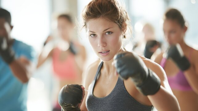Determined woman participates in group boxing class wearing boxing gloves, embodying strength and fitness