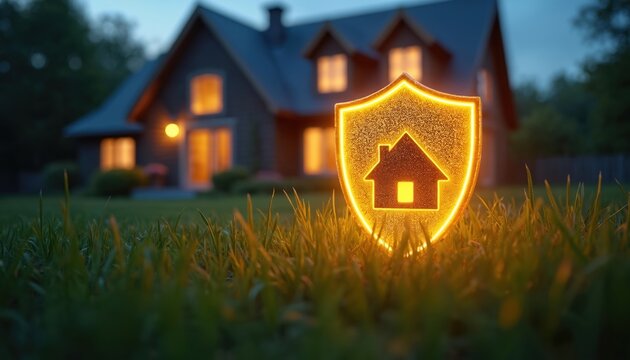 Glowing shield with house icon protects home from cyber threats. Digital security for real estate property. Secure mortgage data protection. Safety symbol on grass at twilight.