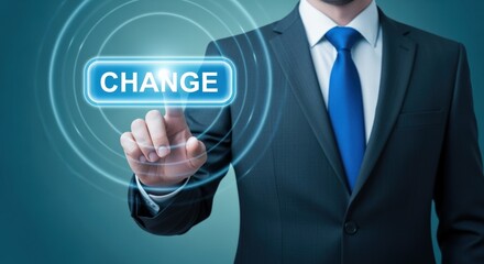 Obraz premium Businessman Interacting with Digital Change Button: Innovation, Transformation, and Modern Business Concepts in Technology